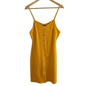 LU NYC Women's Yellow Ribbed Dress Faux Front Button and Front Split Dress